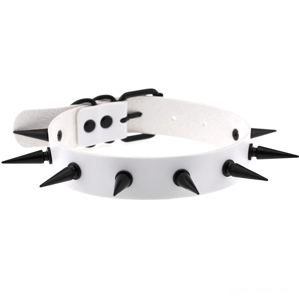 White leather spiked choker collar with black metal spikes, modern gothic design