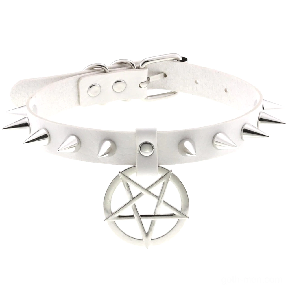 White spiked leather choker with pentagram pendant and silver metal details, avant-garde goth