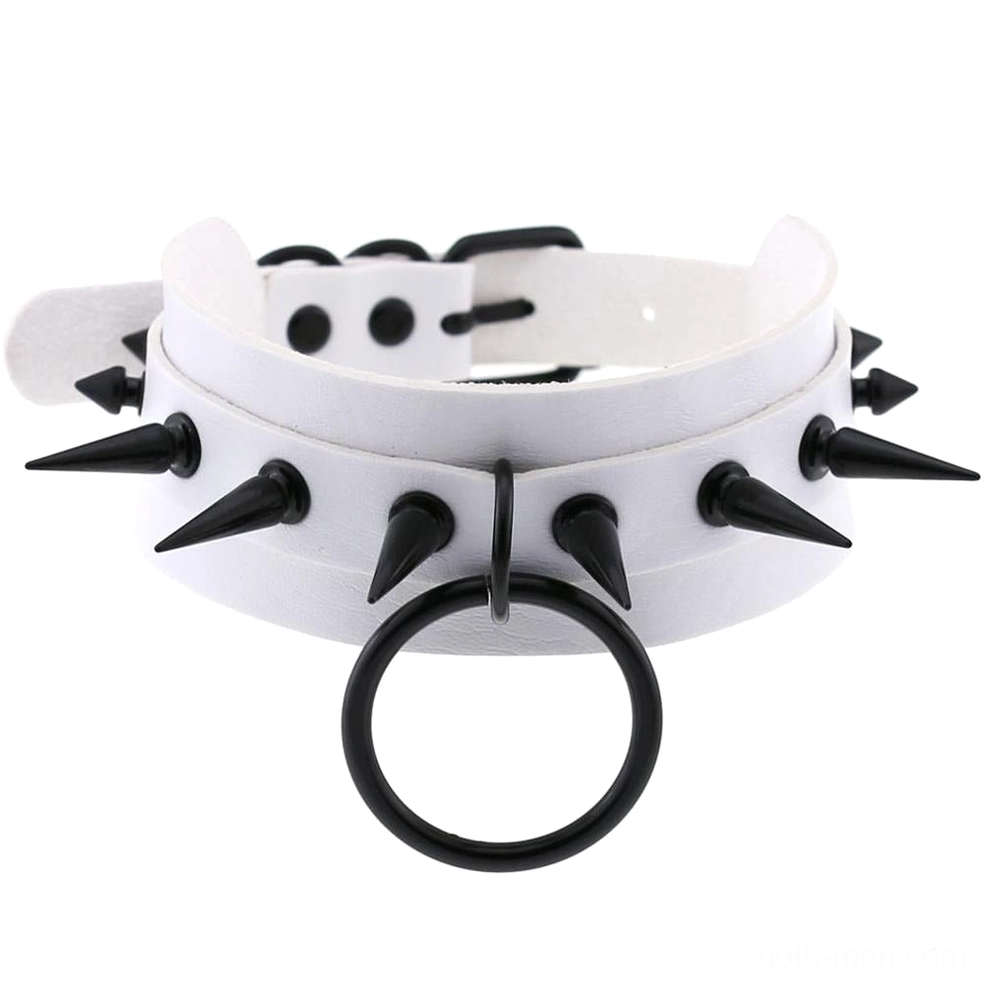 White studded leather choker with black spike studs and adjustable strap - alternative necklace