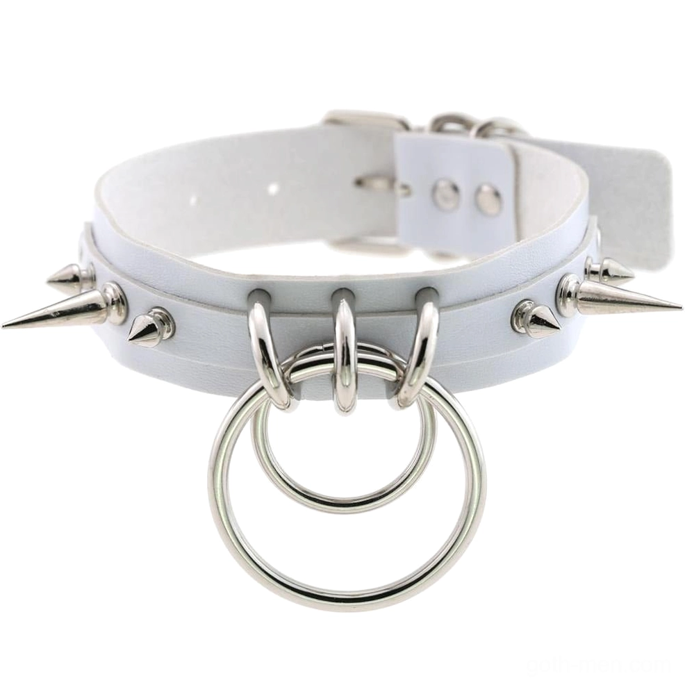 White spiked leather gothic choker with metal O-rings and adjustable spike embellishments