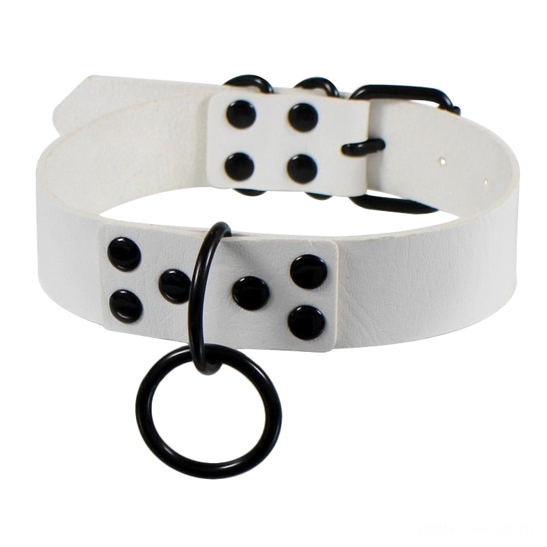 White thick PU leather gothic choker with dual metal studs rows and industrial aesthetic