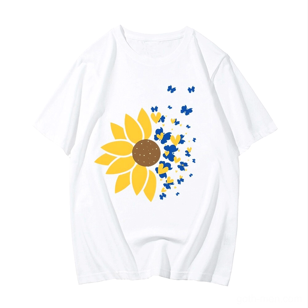 White oversized cotton t-shirt with yellow sunflower and blue decorative graphics print
