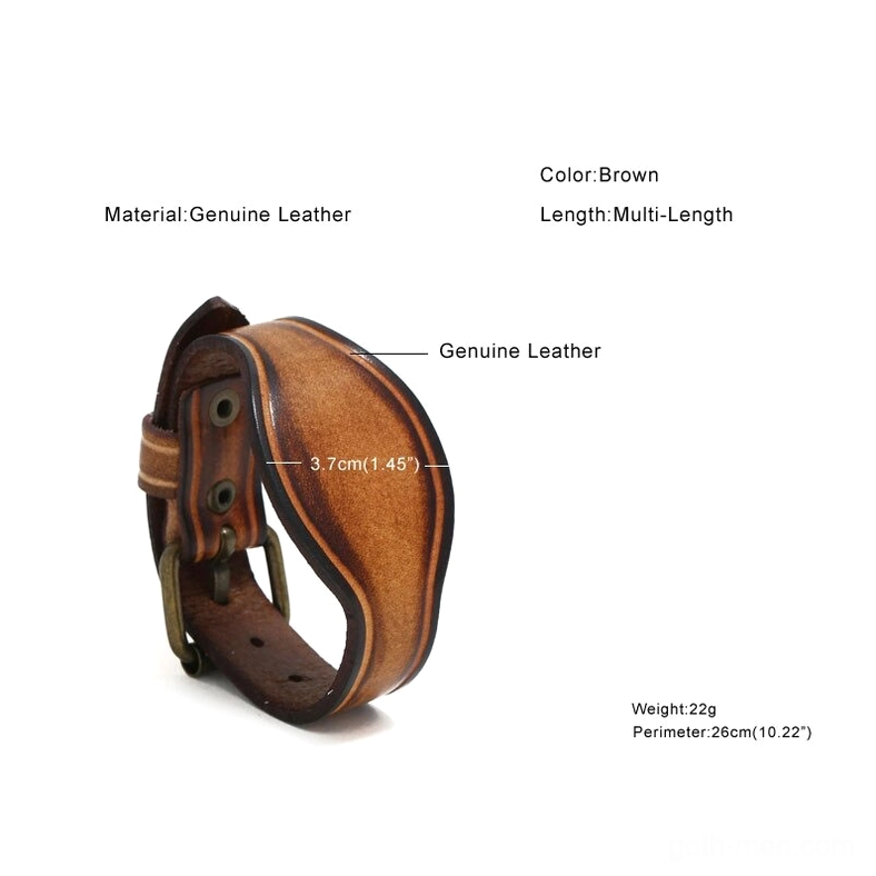 Genuine brown leather wide cuff bracelet oblique angle showing thickness and craftsmanship with size reference marks
