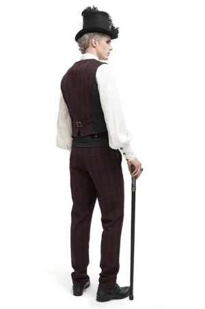 Rear full-body view of gothic waistcoat featuring dramatic swallow tail hem and tailored back on male model with top hat