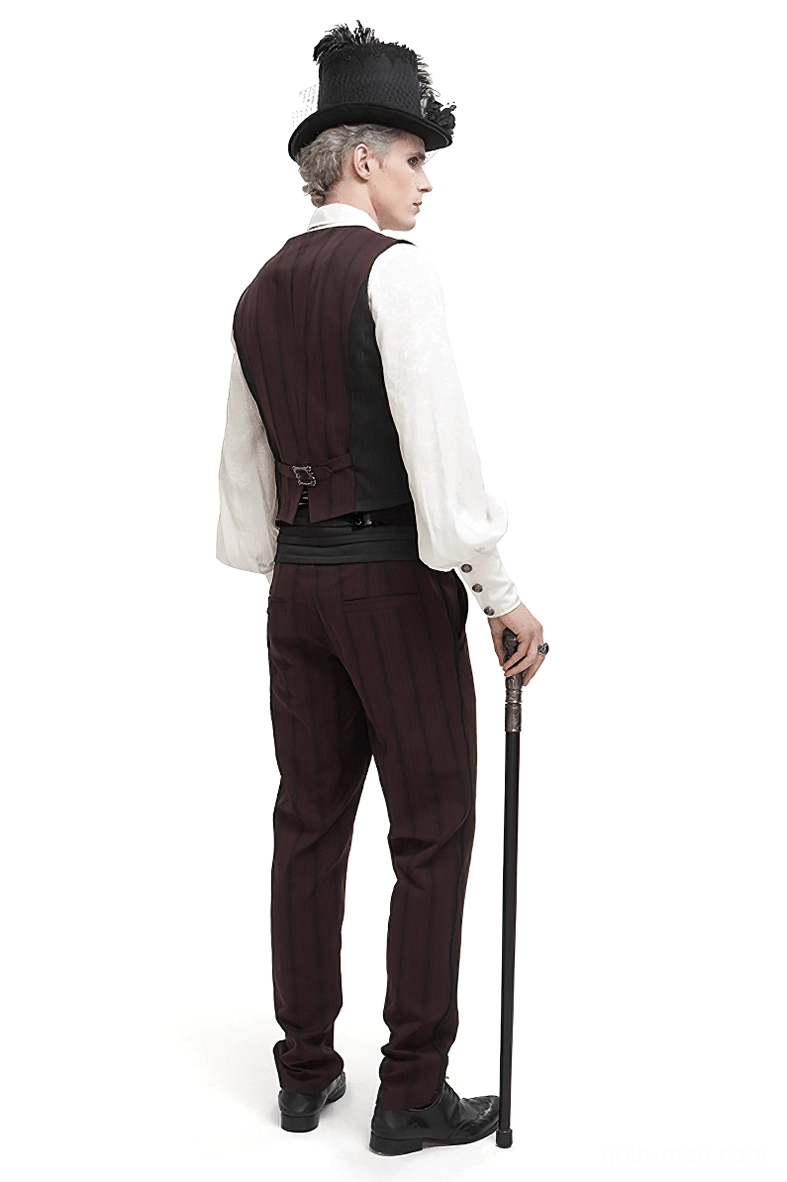 Rear full-body view of gothic waistcoat featuring dramatic swallow tail hem and tailored back on male model with top hat