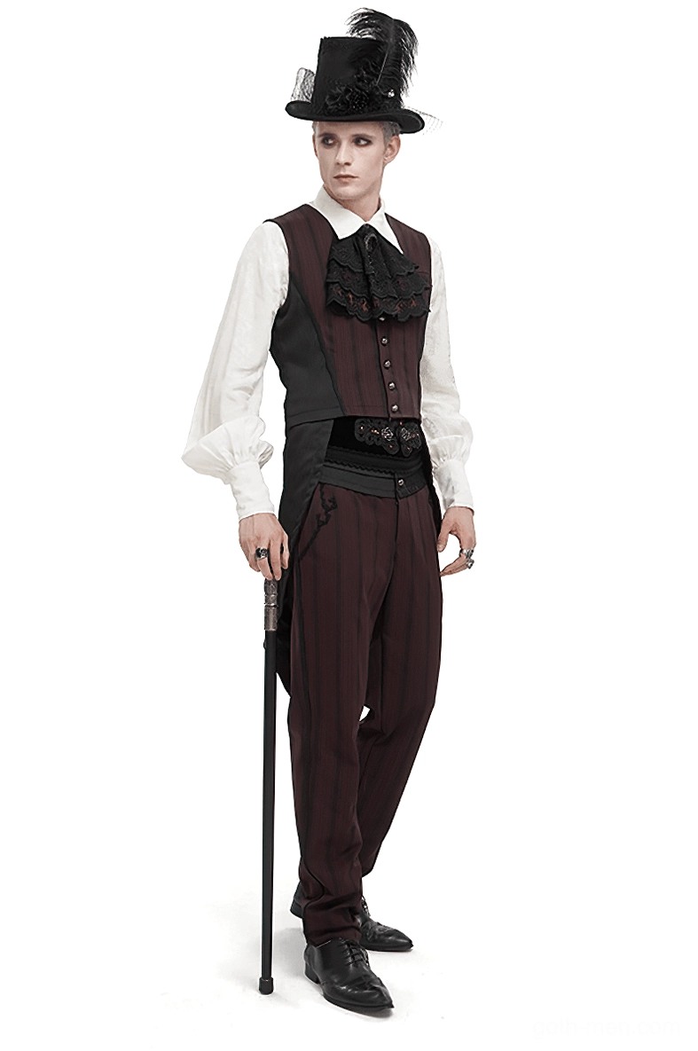 Front full-body view of wine red and black striped gothic waistcoat with detachable swallow tail on male model wearing formal top hat, studio background
