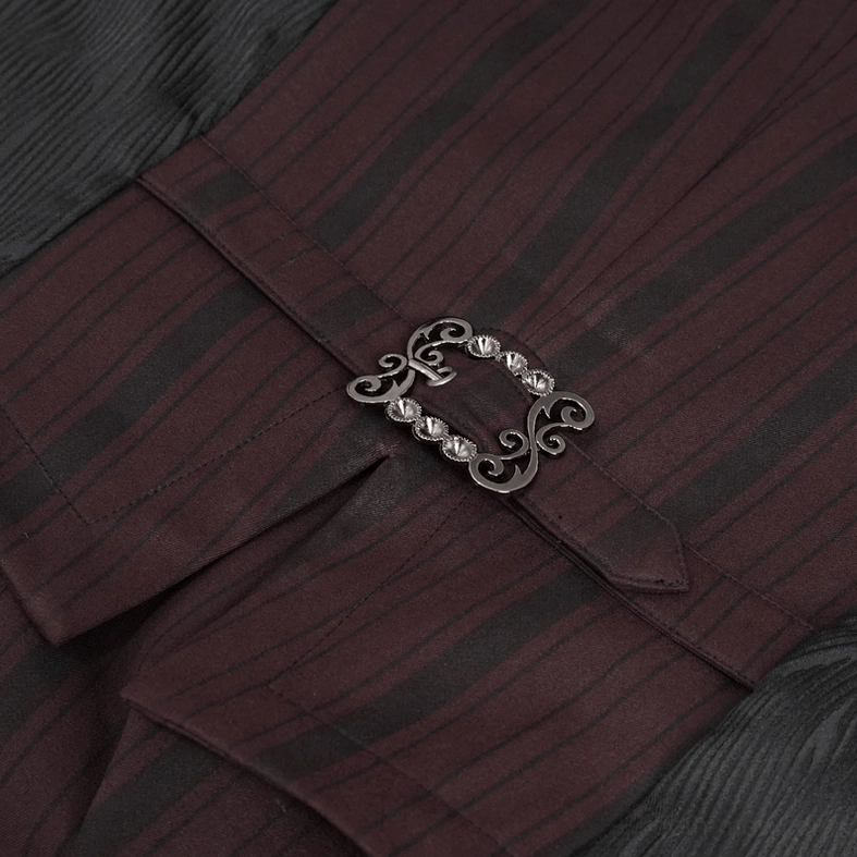 Full-length view of wine red and black striped gothic waistcoat with detachable swallow tail on dress form