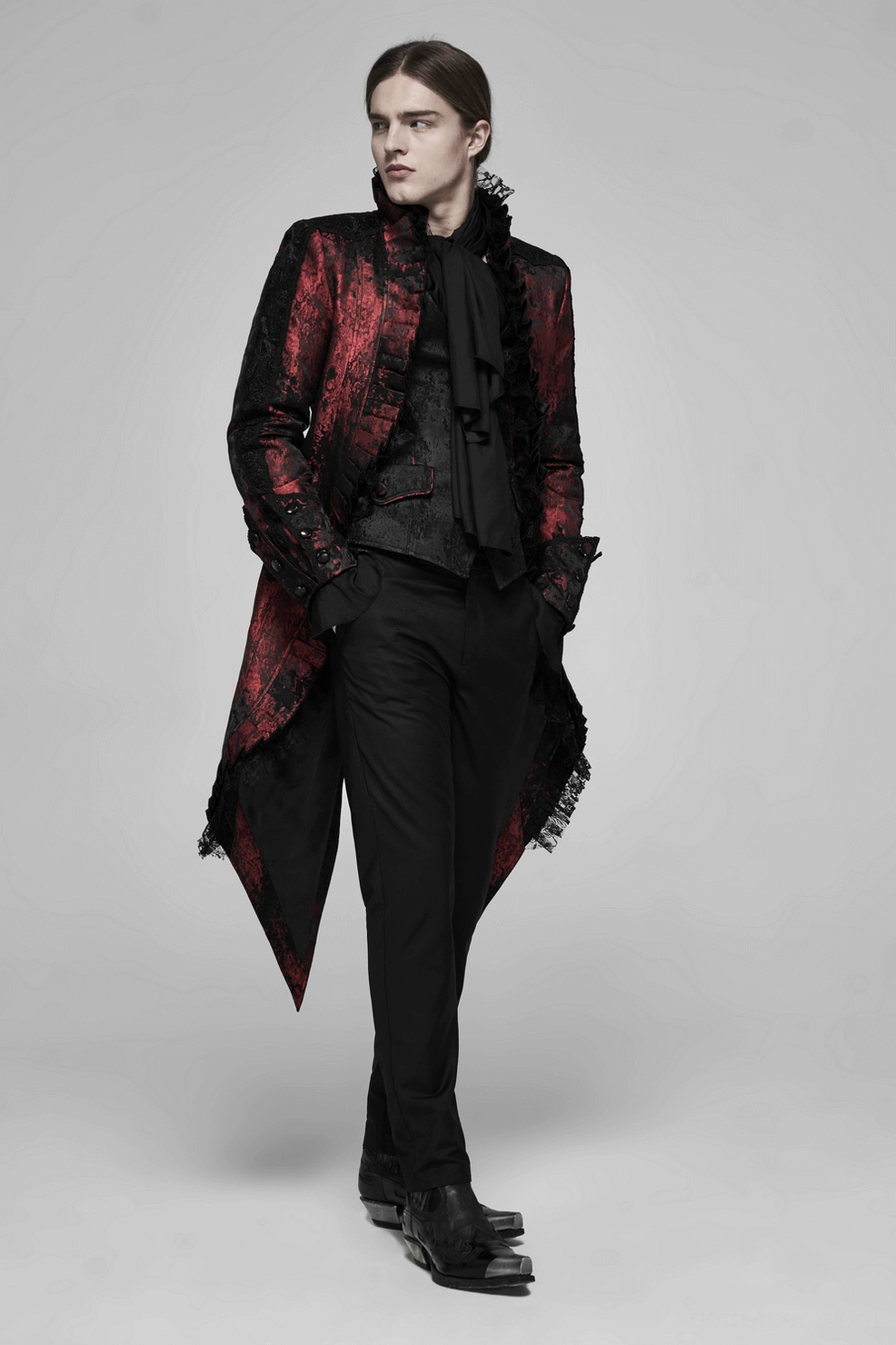 Wine red rococo gothic coat featuring metal clasps and historical tailoring techniques