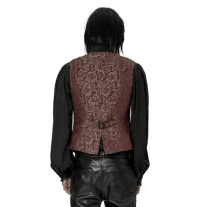 Back view of wine red damask Gothic waistcoat showing split tail hem and adjustable black metal buckle