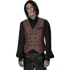 Front view of wine red damask jacquard Gothic waistcoat with double-breasted hand-sewn buttons worn by male model with tattoo