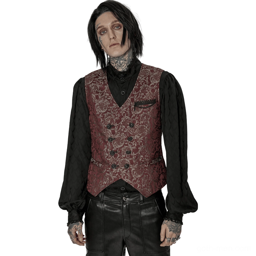 Front view of wine red damask jacquard Gothic waistcoat with double-breasted hand-sewn buttons worn by male model with tattoo