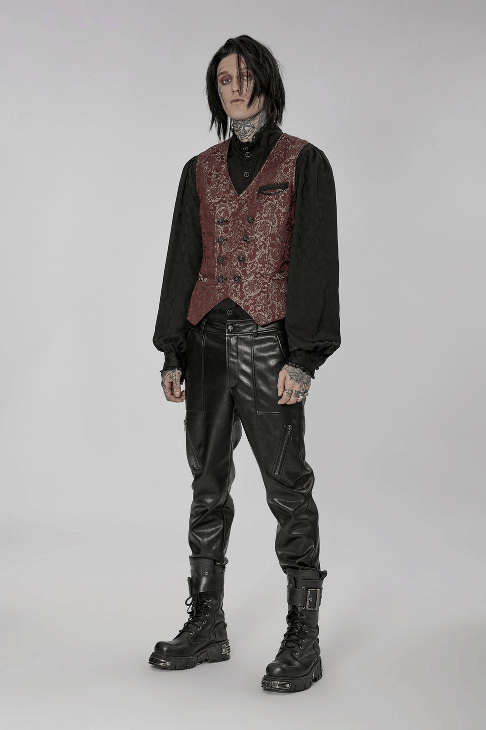 Alternative angle of wine red damask jacquard Gothic waistcoat showing three-dimensional jacquard pattern and double-breasted construction