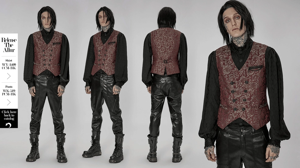 Wine red damask jacquard Gothic waistcoat layered styling demonstration with goth fashion ensemble