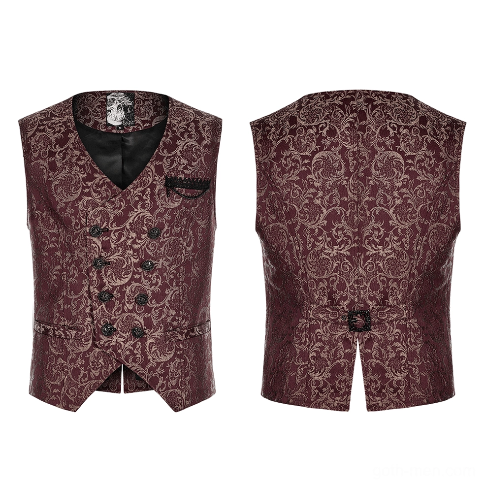Front and rear flat lay of wine red damask jacquard waistcoat showcasing burgundy gold weave and black pocket trim