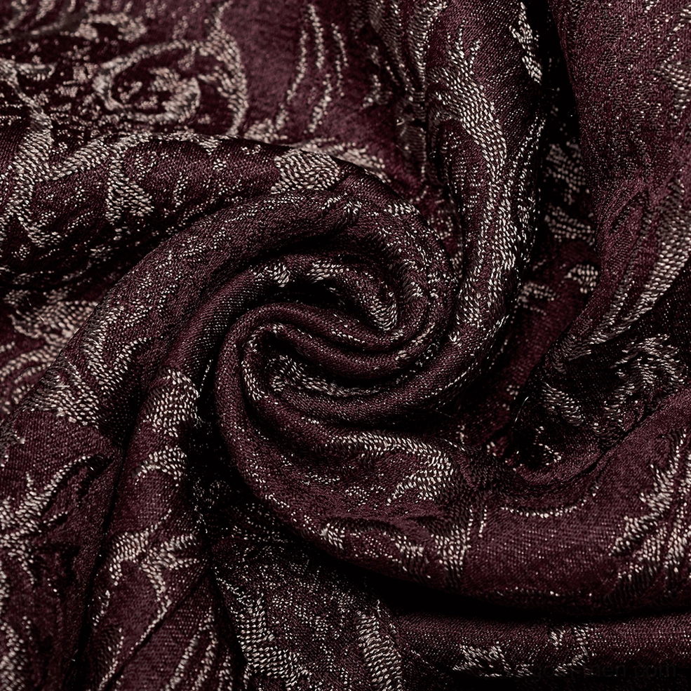 Wine red damask jacquard Gothic waistcoat full garment view highlighting structured fitted cut and ornate jacquard weave