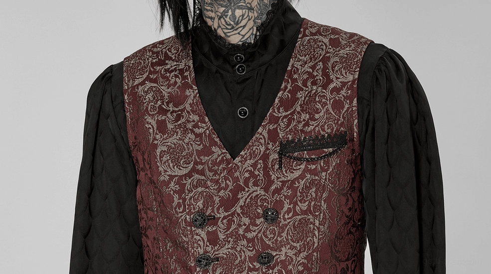 Close-up front view of wine red damask waistcoat showing neckline construction, pocket trim, and button placement