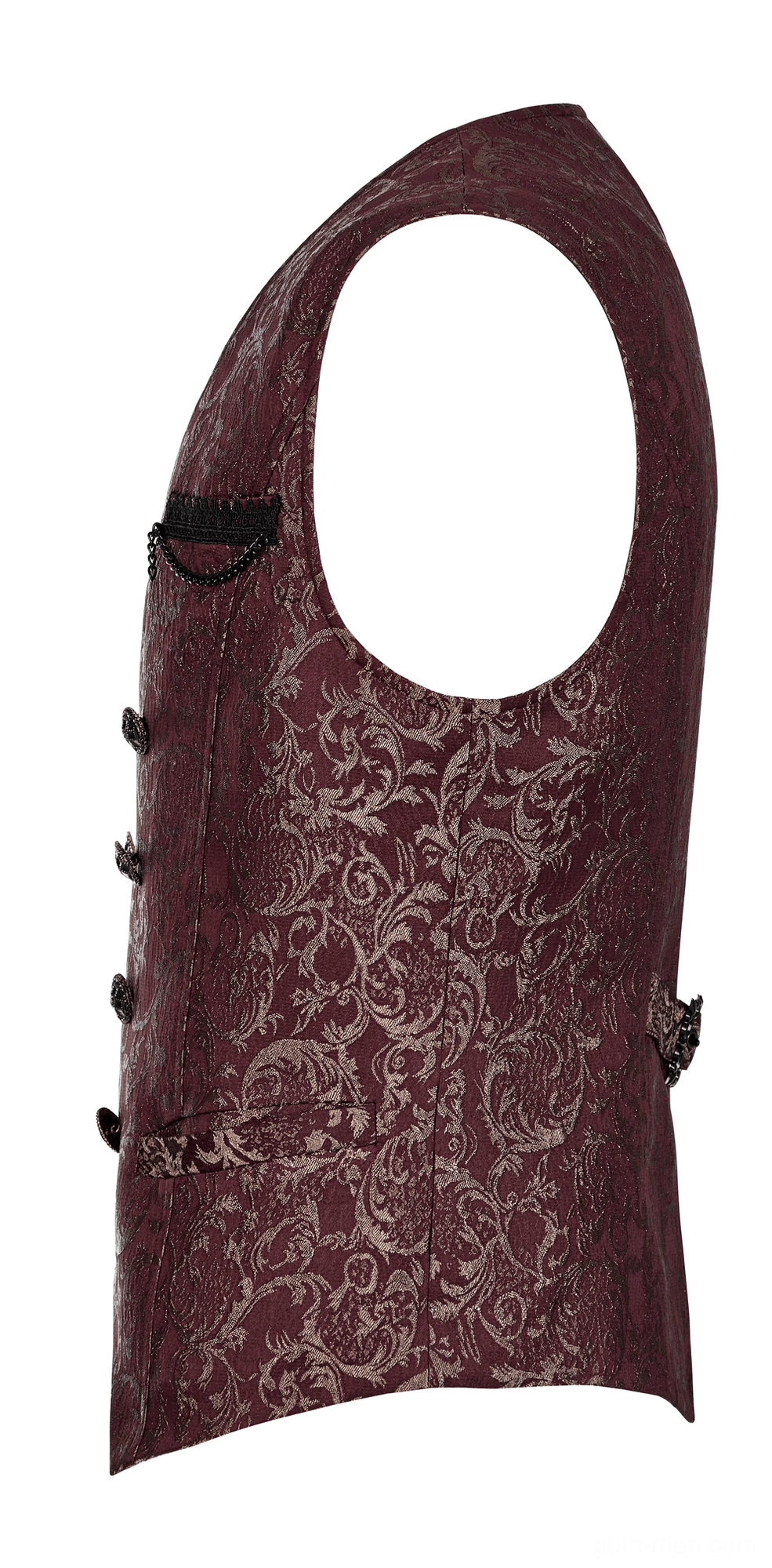 Side flat lay of wine red damask waistcoat showing armhole construction, side buttons, and deep burgundy jacquard fabric
