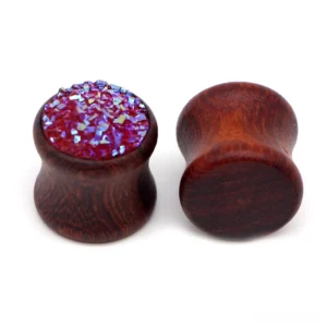 Wine red bamboo wood ear gauges with iridescent druzy resin double-flared flesh tunnels gothic earrings front view