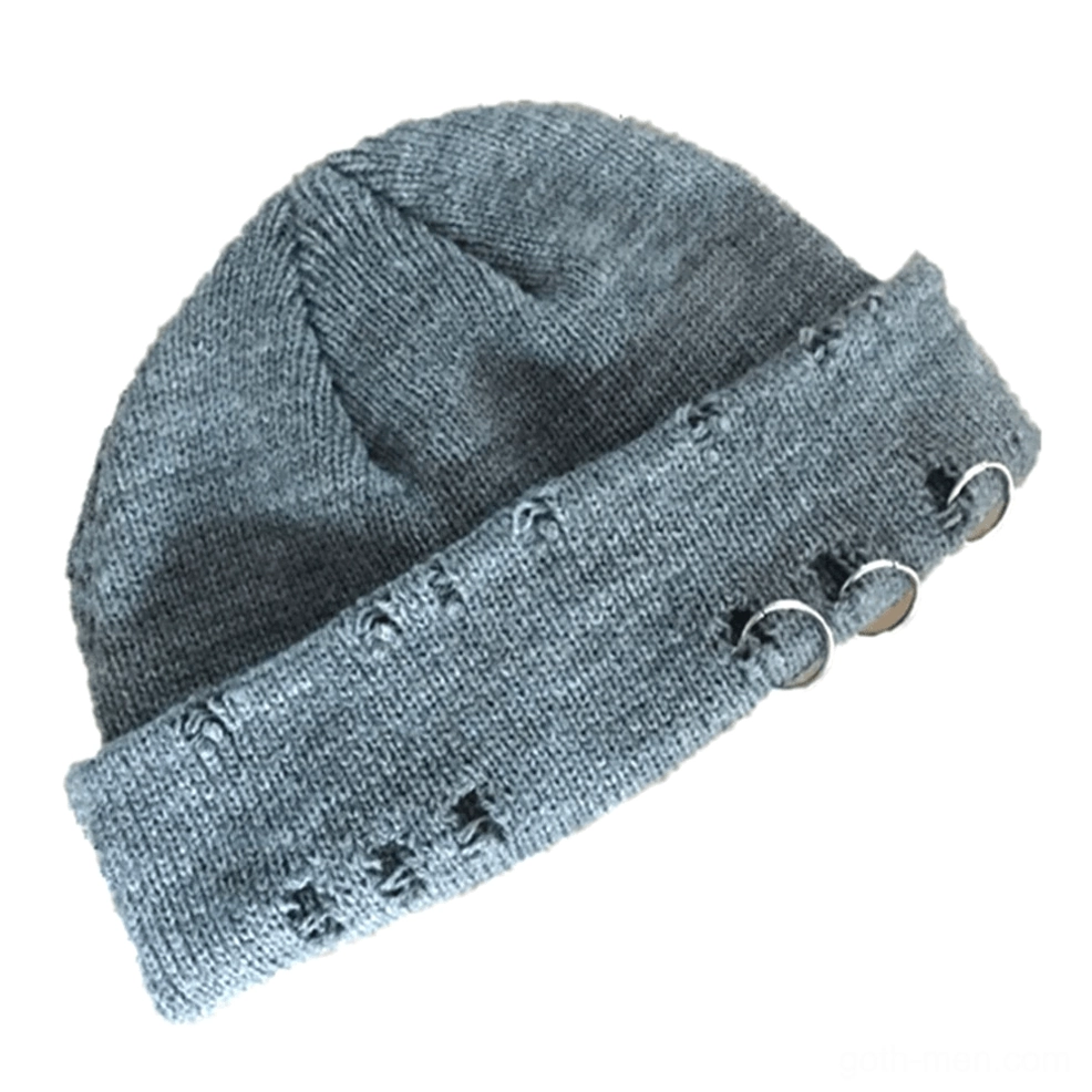 Wine red burgundy gothic beanie featuring distressed cutouts and metal ring decoration