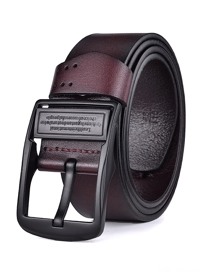 Wine red gothic leather belt with vintage finish and matte black buckle, side profile