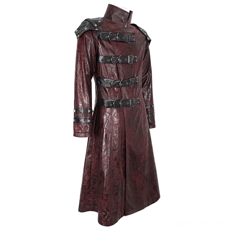 Wine red gothic trench coat back three-quarter angle showing buckle straps and shoulder pads