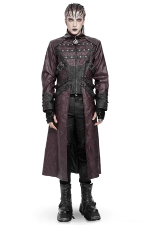 Wine red gothic longline coat front view with studded chest panels and metal hardware on male model in studio