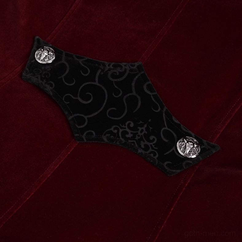 Wine red velvet gothic coat full length styling view showcasing the elegant drape and cross-tail silhouette