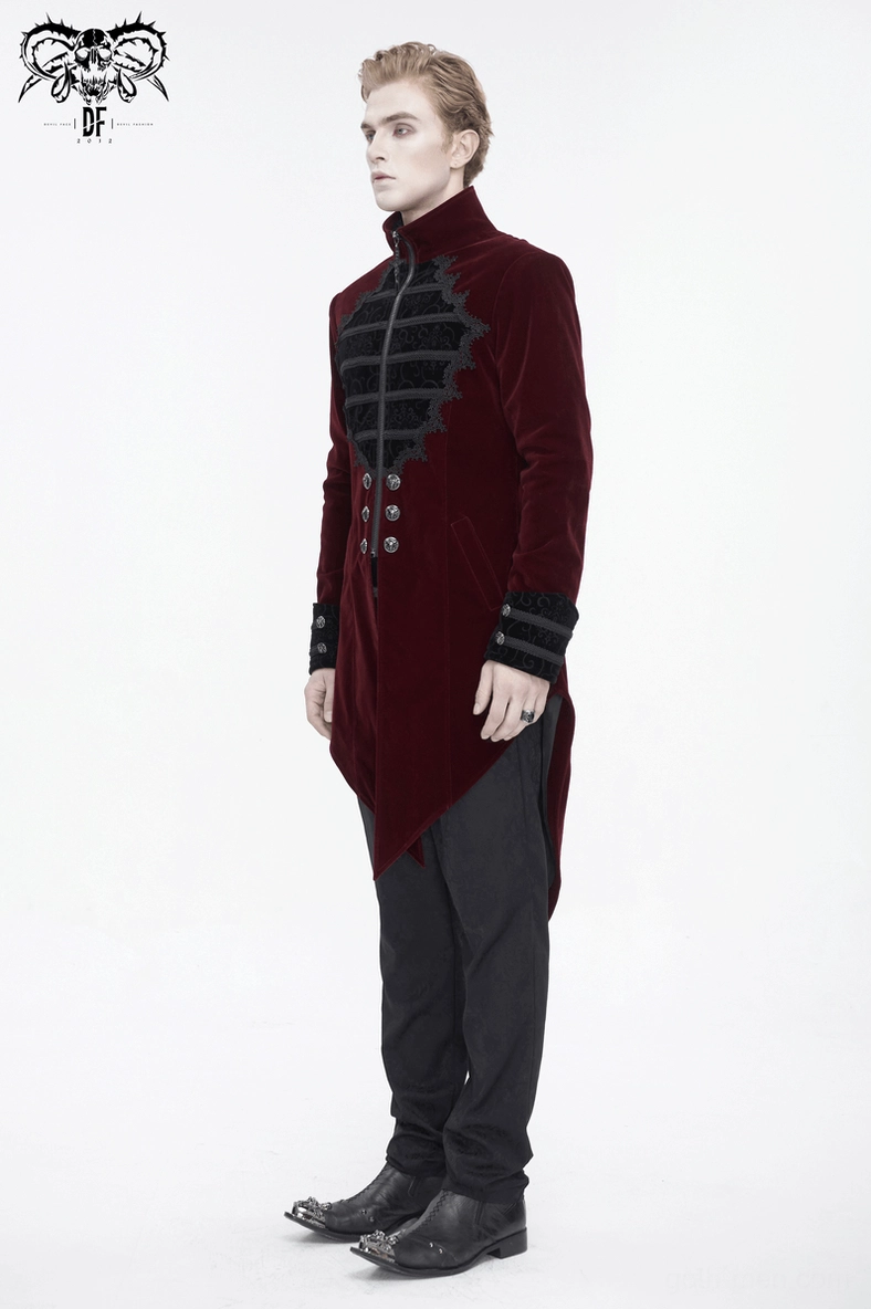 Wine red gothic tail coat detail view of black lace embroidery pattern and velvet fabric quality