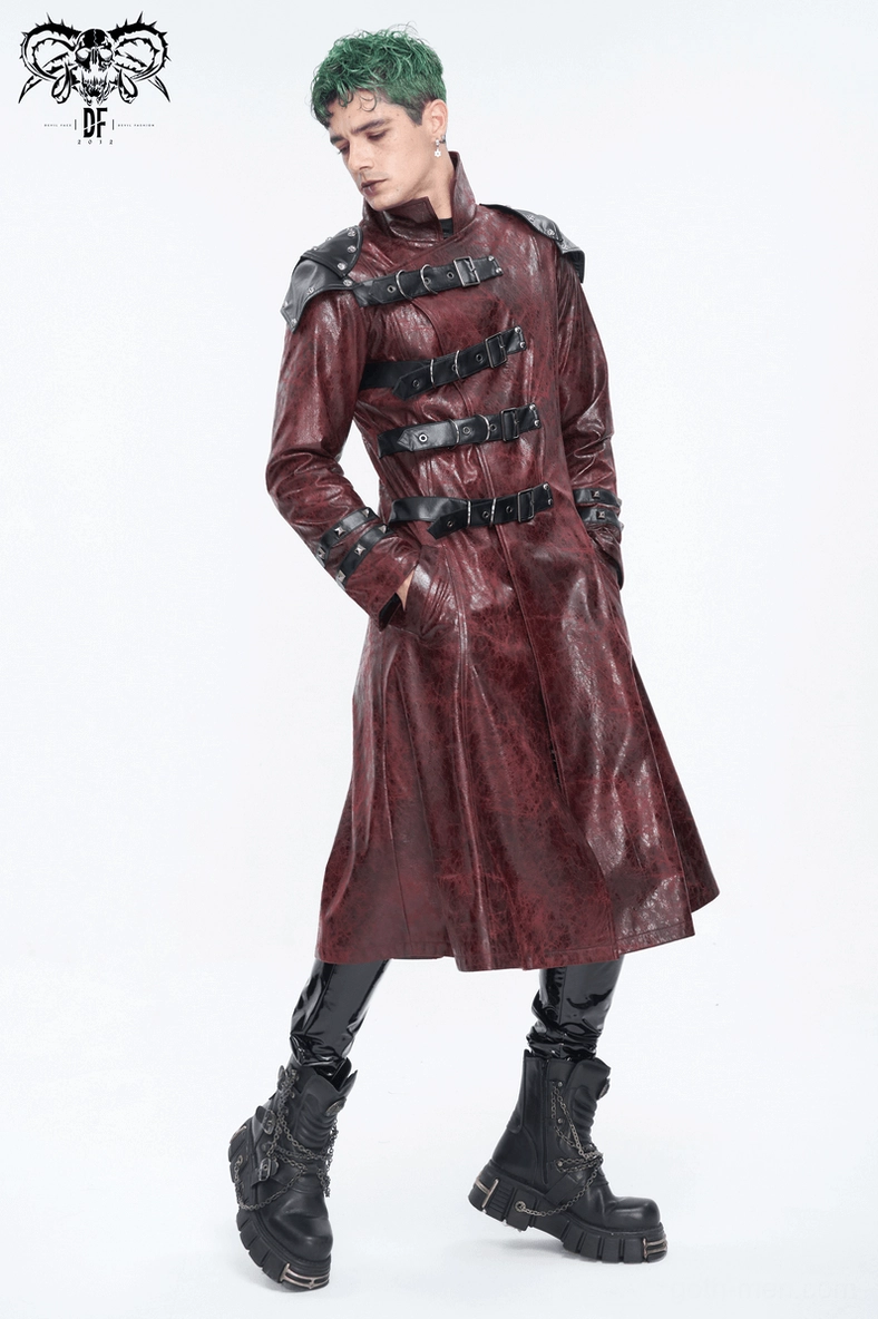 Wine red studded gothic trench coat rear showing split hem tactical opening and studs