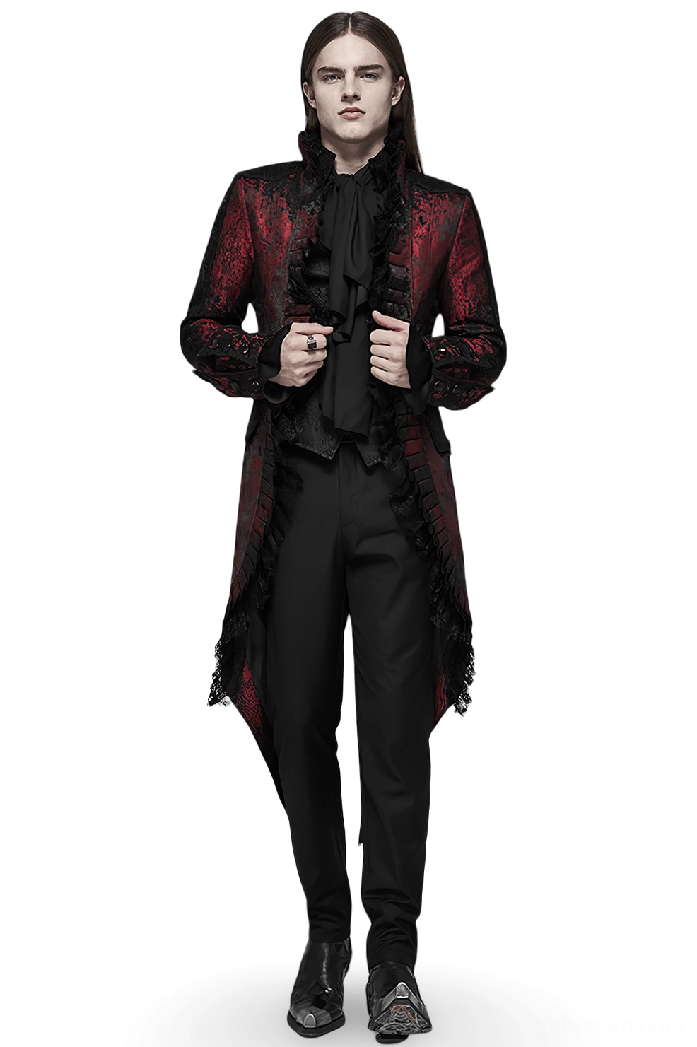 Wine red rococo gothic coat worn view displaying dramatic silhouette and theatrical presence