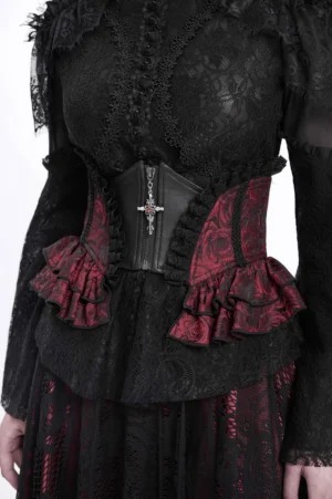 Wine red gothic floral brocade corset belt with rose jacquard pattern and black lace, front overhead view showing cross zipper charm