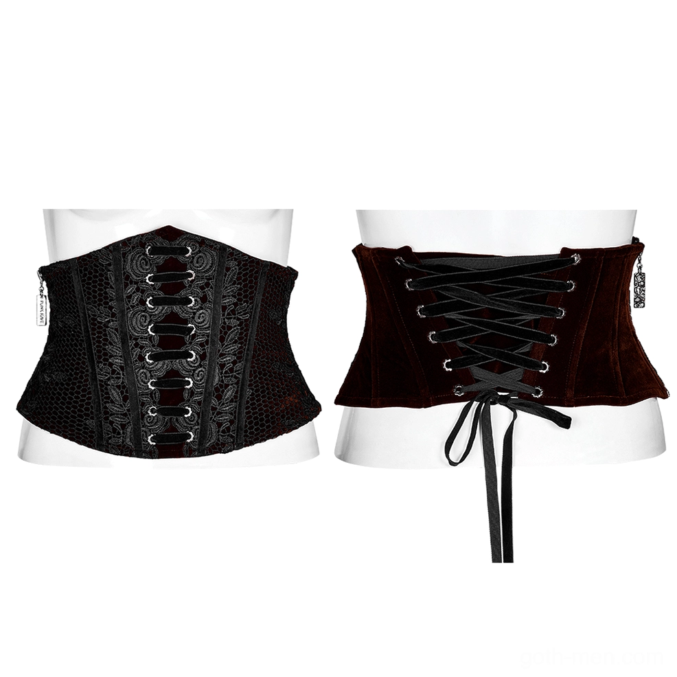 Front and back display of wine red velvet gothic corset belt on white dress forms showing dual-tone fabric design