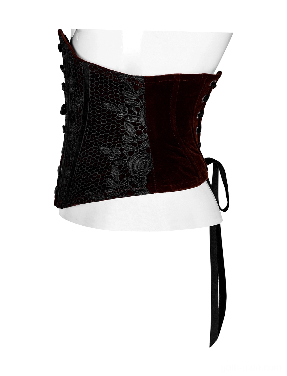 Left side profile of wine red velvet gothic corset showing mixed lace and velvet fabric construction on dress form