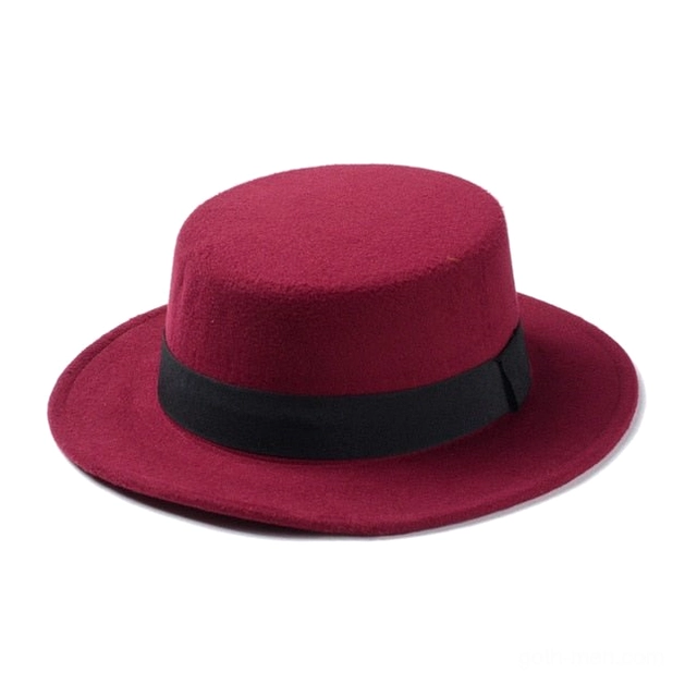 Burgundy wine red wool felt flat top fedora with black band detail, front view gothic hat design