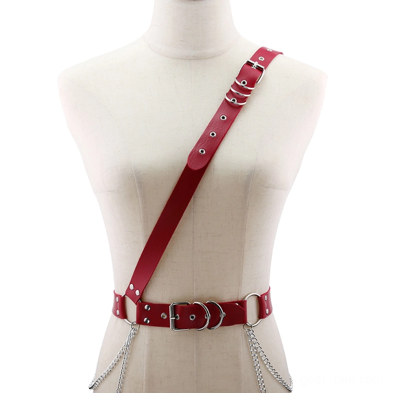 Wine red gothic chain harness belt with silver hanging chains and adjustable straps, mannequin display