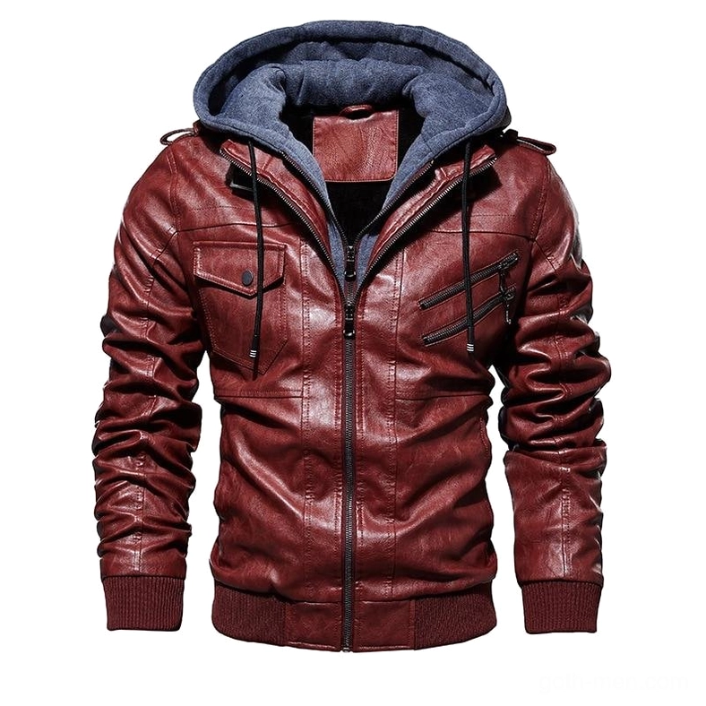 Wine red hooded faux leather biker jacket for men gothic aesthetic tactical pockets