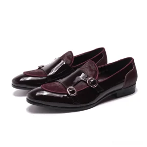 Wine Red Gothic Loafers with Gold Buckles - Three-Quarter Front Angle on White Background