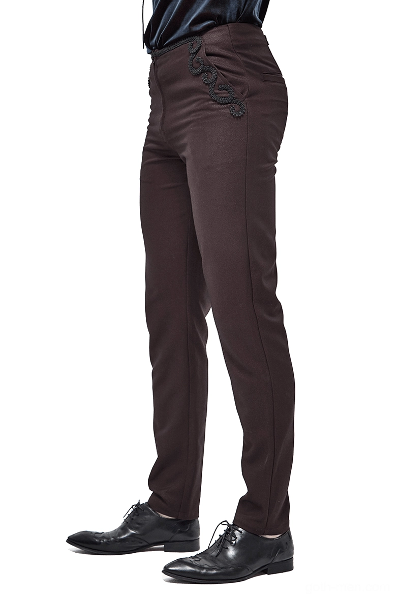 Wine red gothic slim-fit pants with ornate lace pocket embroidery, left side profile view showing tapered silhouette and front zip closure