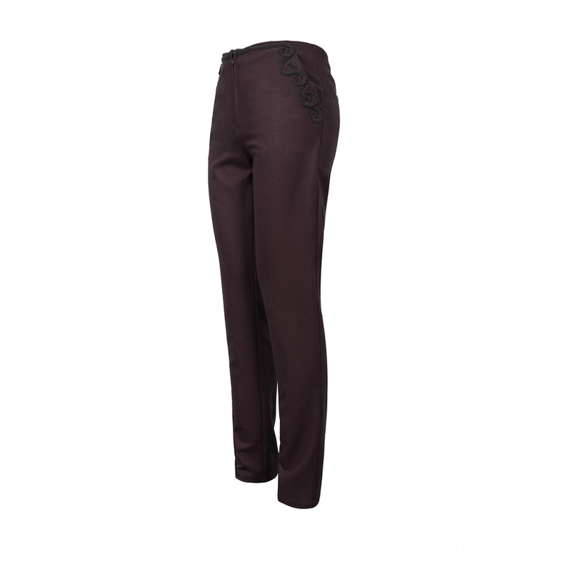 Right side view of wine red gothic pants showing ornate scroll lace embroidery on front side pocket and semi-fitted silhouette
