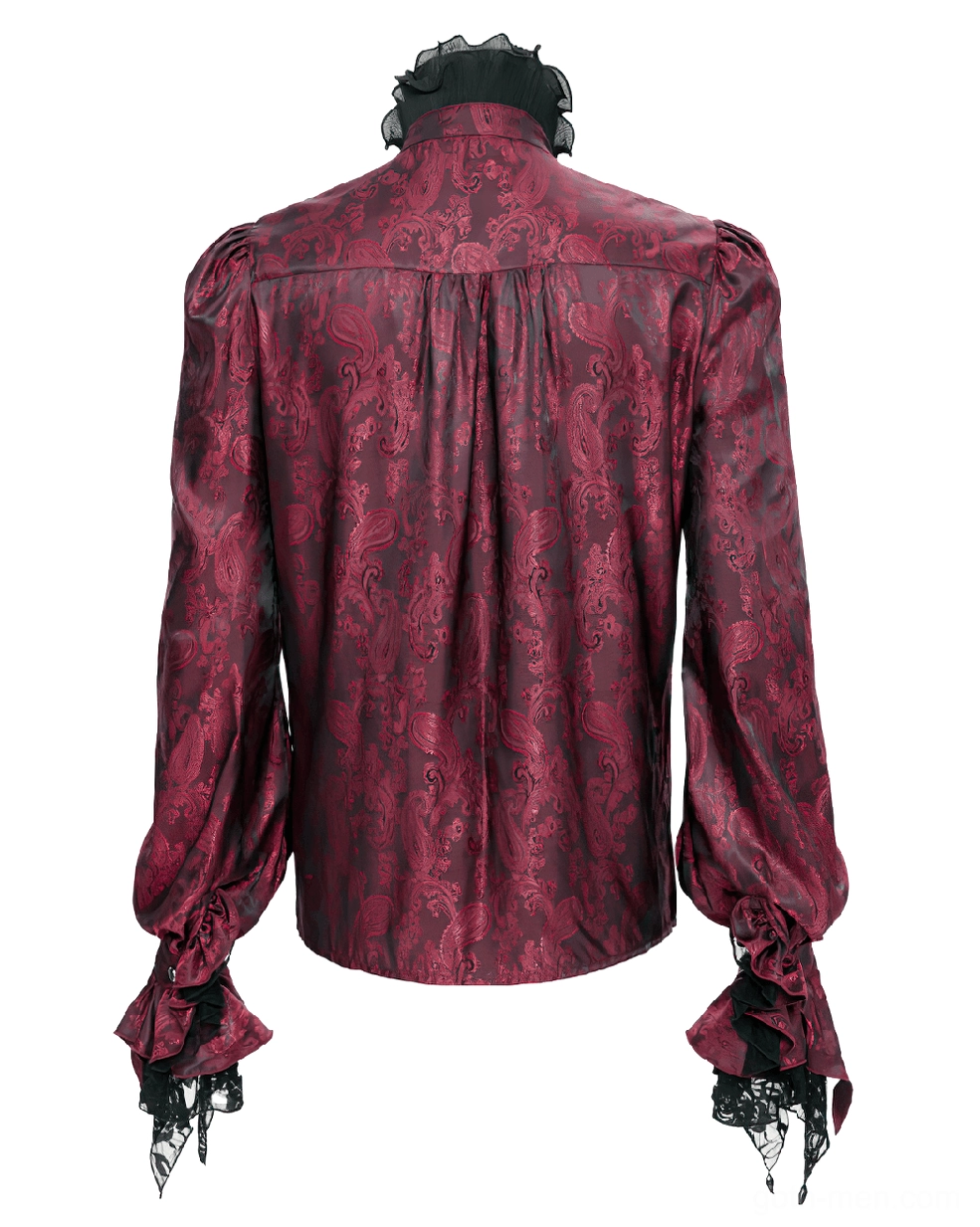 Rear flatlay of wine red paisley jacquard gothic shirt displaying lace-trimmed cuffs and architectural back yoke construction