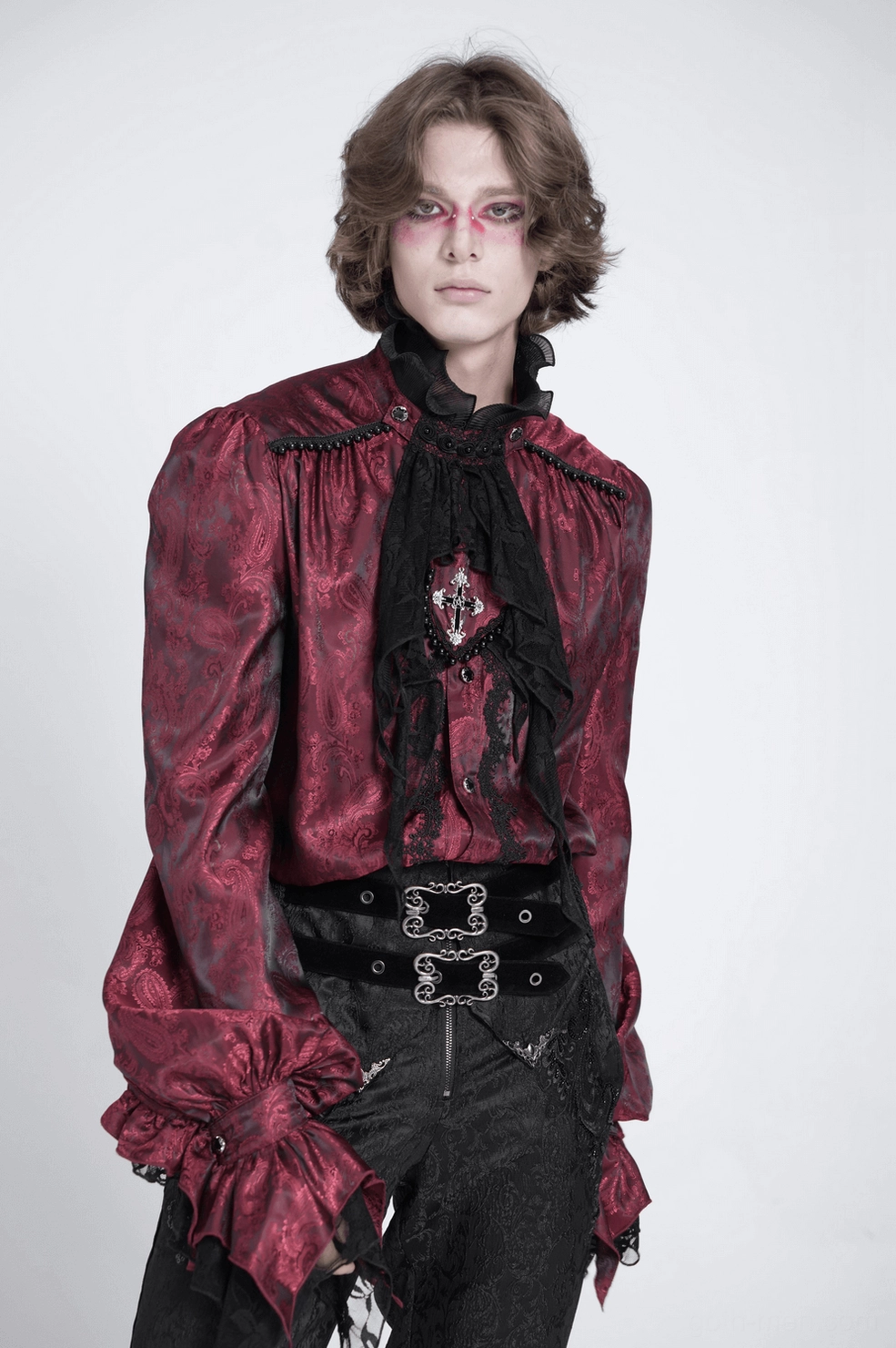 Wine red Victorian gothic shirt back and side seam detail displaying tailored construction and architectural garment engineering