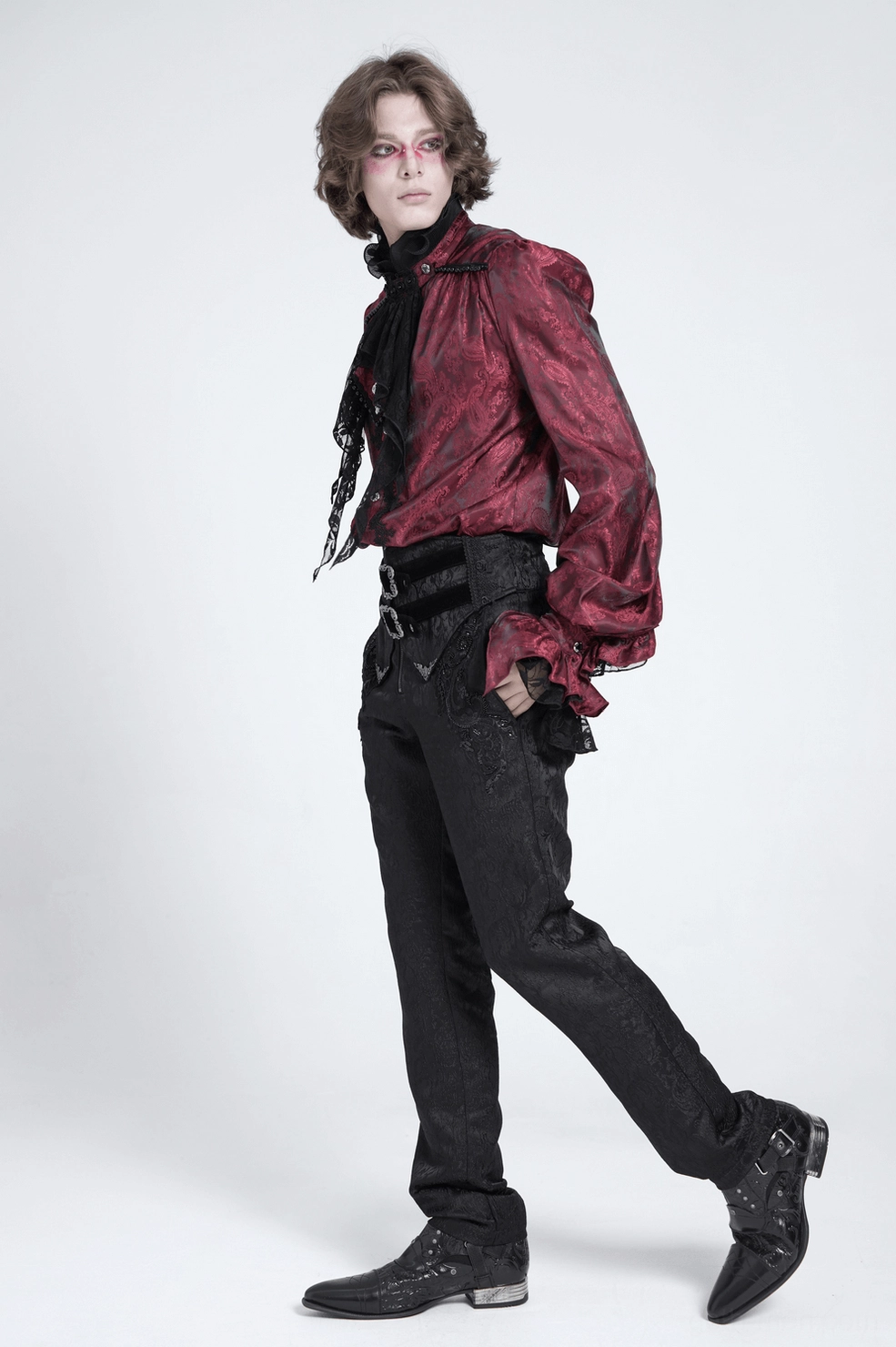Wine red Victorian gothic shirt button front and placket detail displaying closure construction and front panel alignment