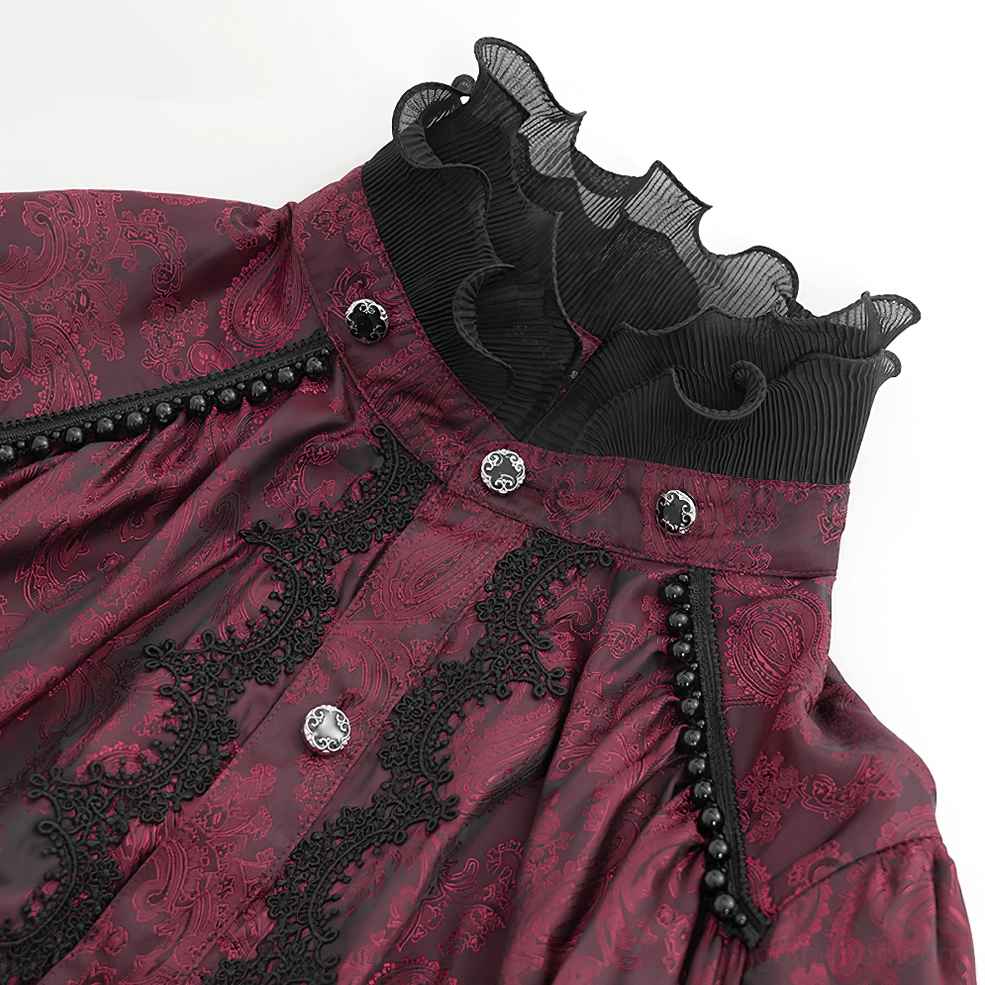 Wine red Victorian gothic shirt center chest and jabot detail featuring black lace and removable cross pendant ornament