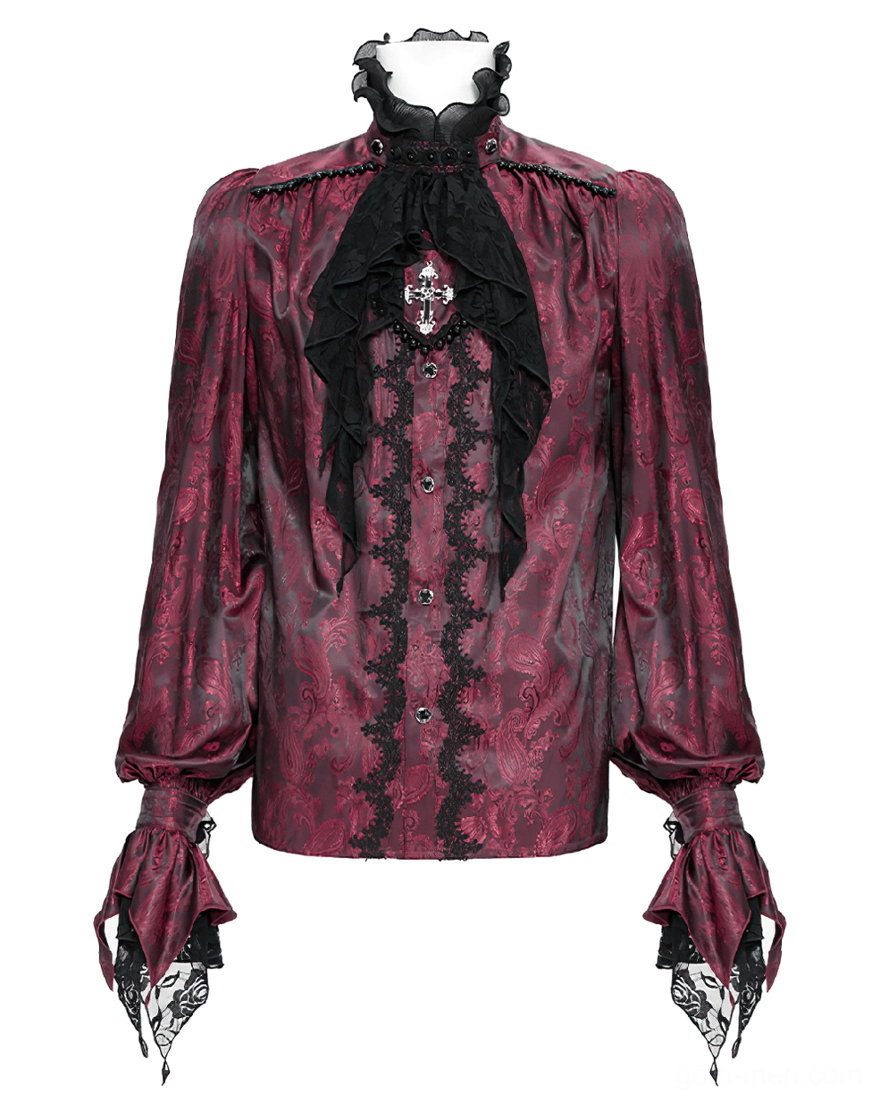 Front flatlay of wine red Victorian gothic shirt featuring black lace front trim, silver cross ornament, and paisley pattern detail