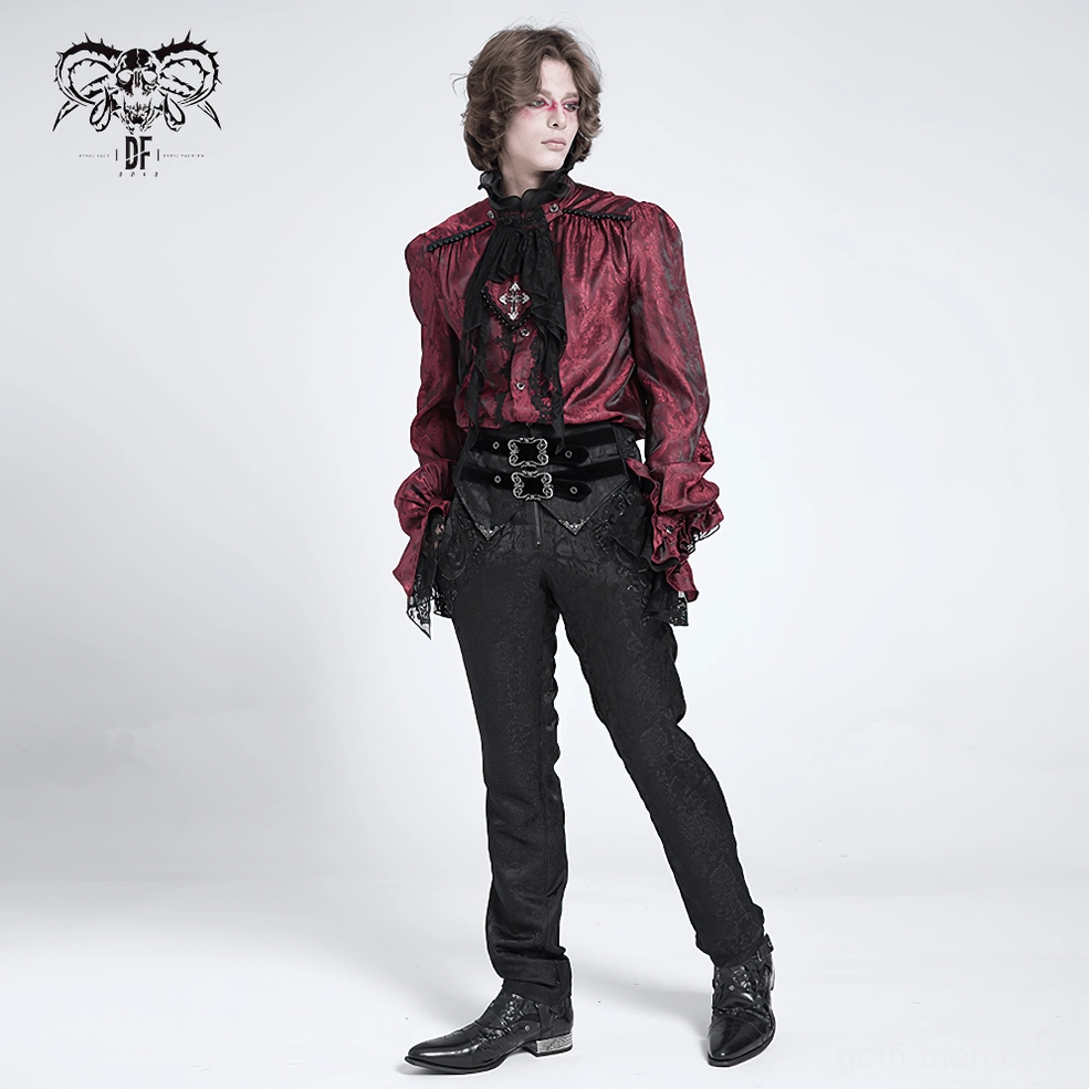 Wine red Victorian gothic shirt front centered view highlighting ruffled lace collar and removable jabot cross brooch piece