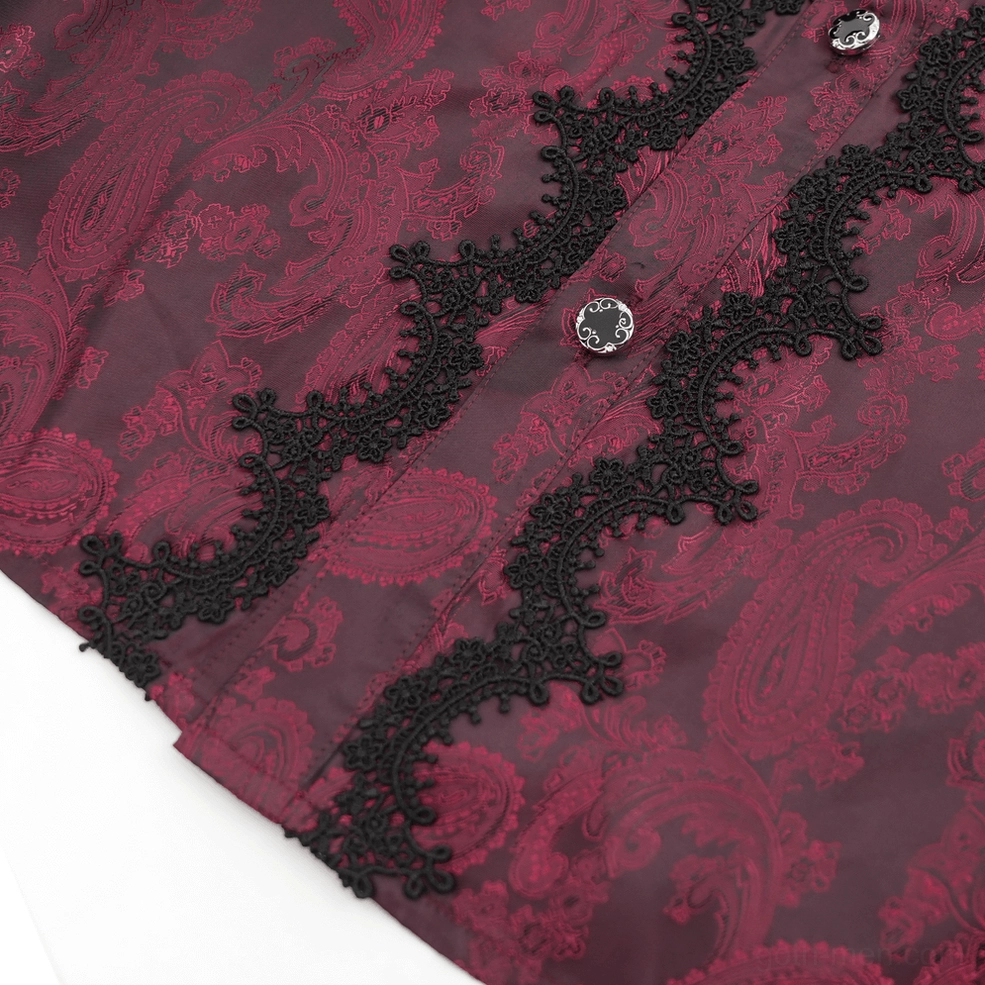 Wine red Victorian gothic shirt lower body and hem detail showing loose silhouette, lace cuff trim, and button front closure