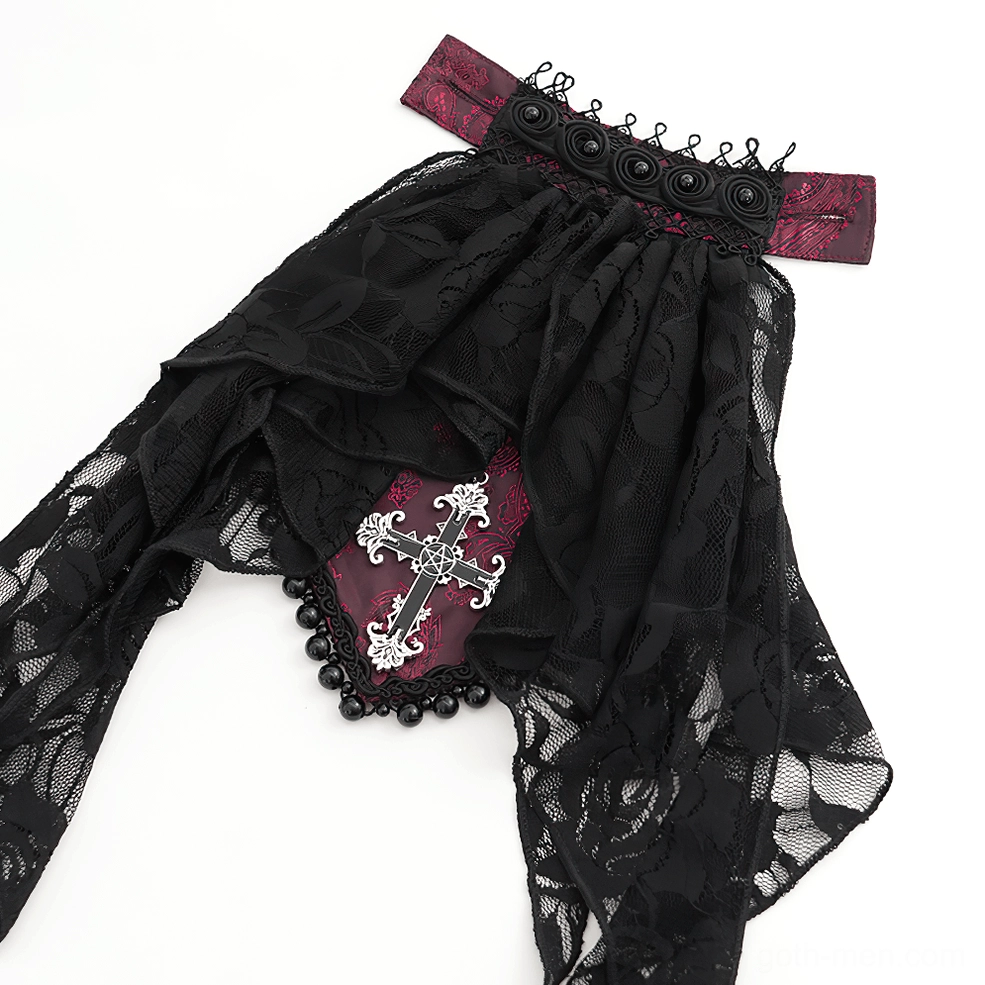 Detail shot of wine red Victorian gothic shirt jabot section with removable silver cross brooch and black lace embellishment