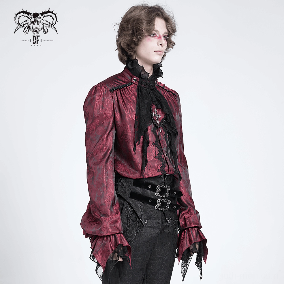 Wine red Victorian gothic shirt on male model showing front profile, ruffled collar prominence, and jacquard fabric sheen