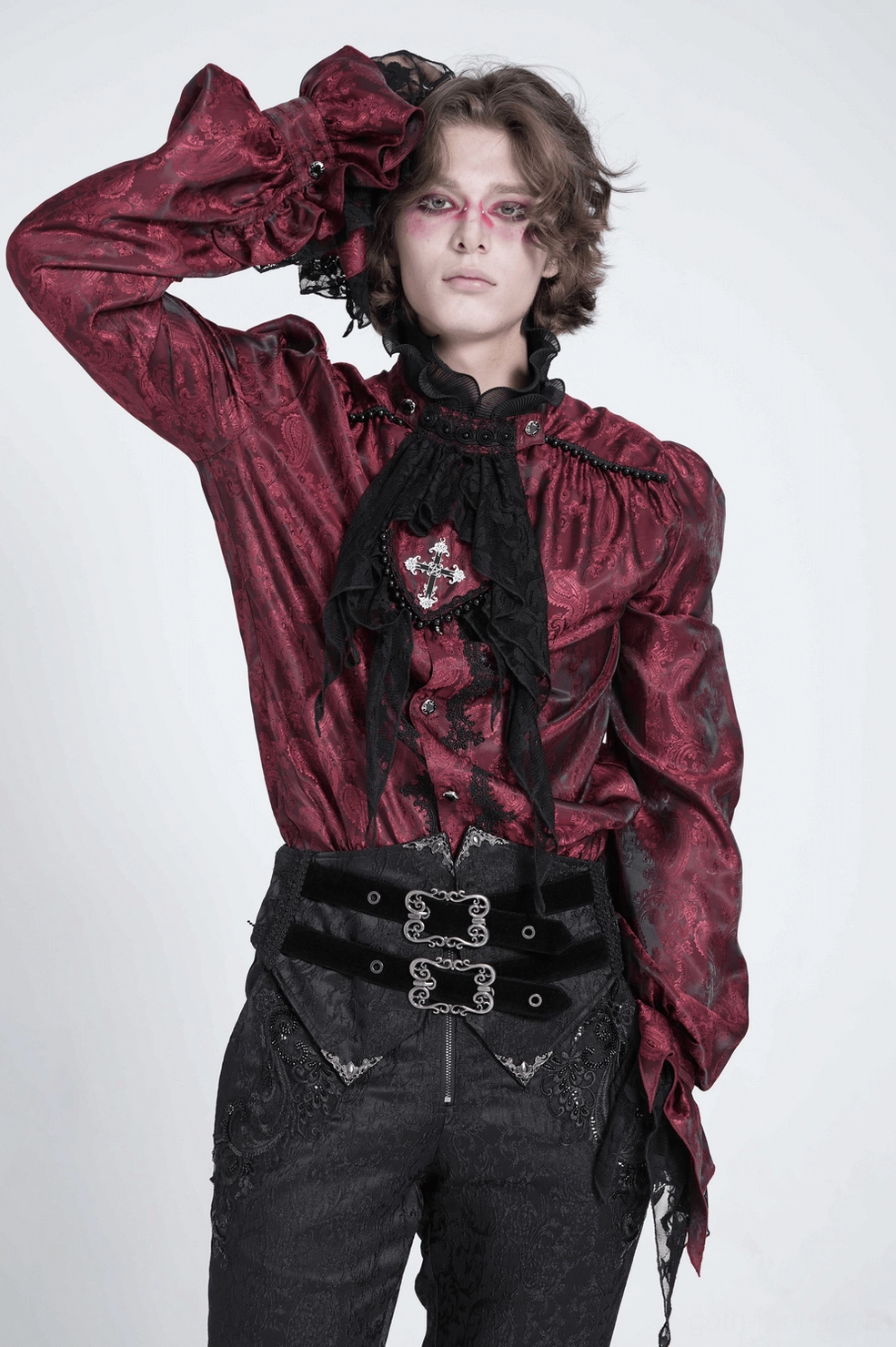 Wine red Victorian gothic shirt texture detail showcasing paisley jacquard weave pattern and luxurious fabric composition