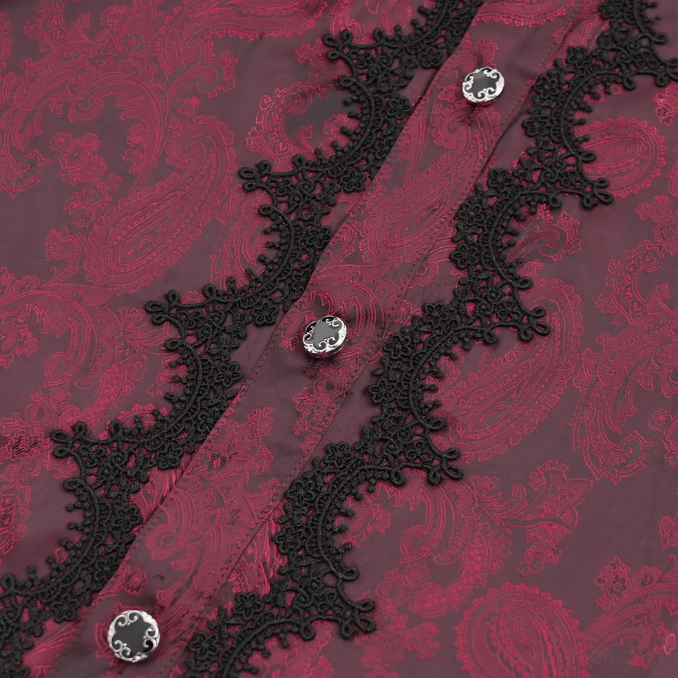 Wine red Victorian gothic shirt sleeve detail showing voluminous puff sleeve construction, fabric texture, and cuff embellishment